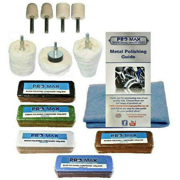 Alliage d'aluminium Laiton Acier Feutre Métal Polissage Polissage Kit 13pc Pro-Max