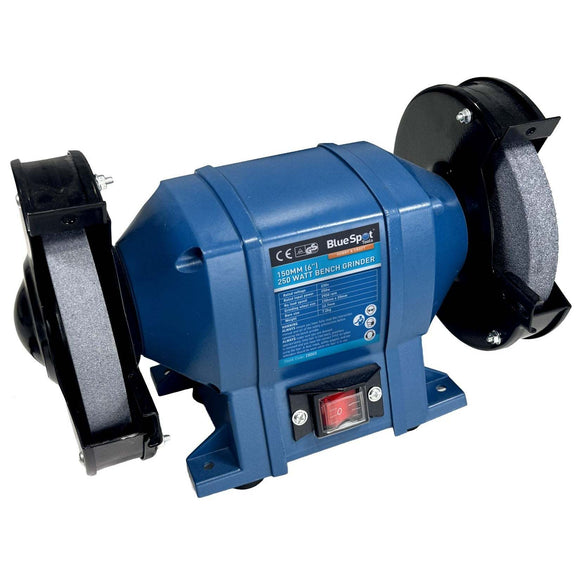 Bench Grinder 6" with a blue metal body, black wheel guards, grey grinding wheels and red power switch