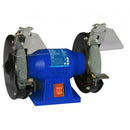 Bench Grinder 6" with a blue metal body, twin grey abrasive wheels, clear eye shields and orange switch
