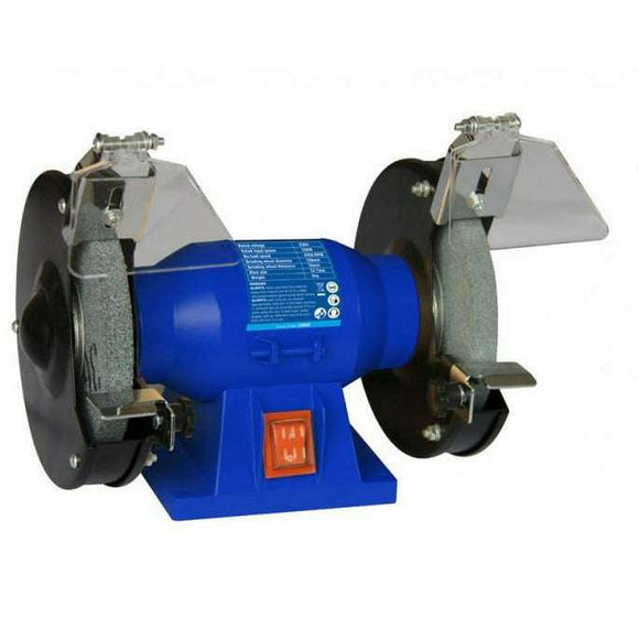 Bench Grinder 6" with a blue metal body, twin grey abrasive wheels, clear eye shields and orange switch