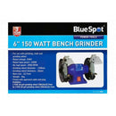 Bench Grinder 6" in blue with twin grinding wheels, adjustable clear eye shields, spark deflectors and tool rests, shown on its box.