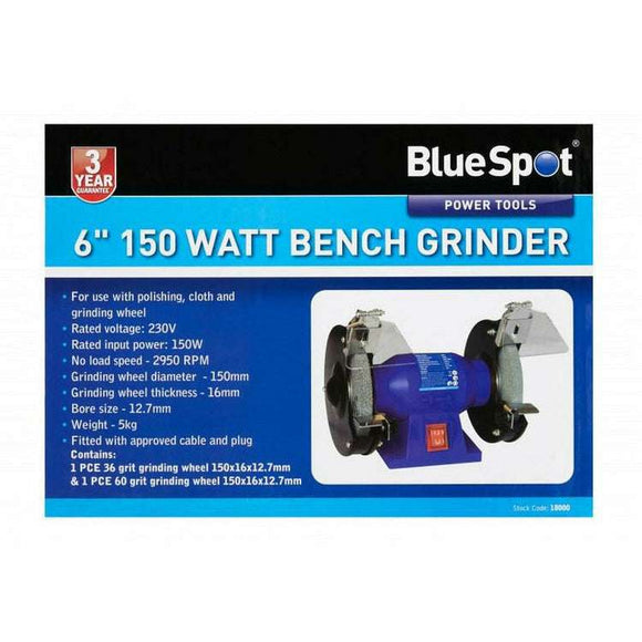 Bench Grinder 6" in blue with twin grinding wheels, adjustable clear eye shields, spark deflectors and tool rests, shown on its box.
