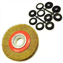 Bench Grinder wire wheel with golden brass bristles, red metal hub, and black plastic mounting adapters
