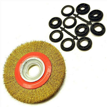 Bench Grinder wire wheel with golden brass bristles, red metal hub, and black plastic mounting adapters
