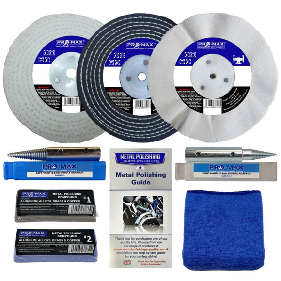 Bench Grinder Aluminium polishing kit with three buffing wheels, spindle adapters, compounds and blue cloth
