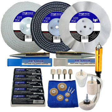 Bench Grinder Aluminium Alloy metal polishing kit with white and black buffing wheels, compounds and adapters