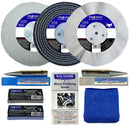 Bench Grinder Aluminium Alloy metal polishing kit with three buffing wheels, adapters, compounds and blue cloth.