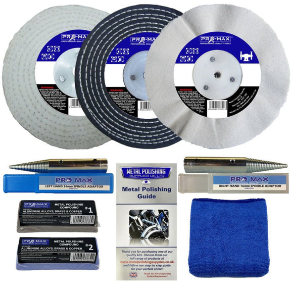 Bench Grinder Aluminium Alloy metal polishing kit with three buffing wheels, adapters, compounds and blue cloth.