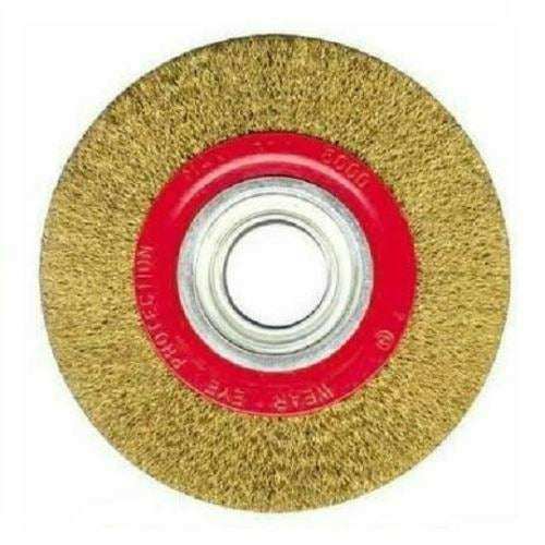 Bench Grinder wire wheel with gold bristles, red metal hub, and silver central mounting ring