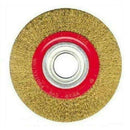 Bench Grinder wire wheel with gold bristles, red metal hub, and silver central mounting ring