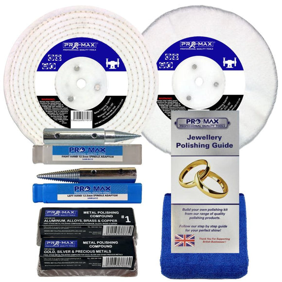 Bench Grinder jewellery polishing kit with white buffing wheels, spindle adapters, polishing compounds and guide