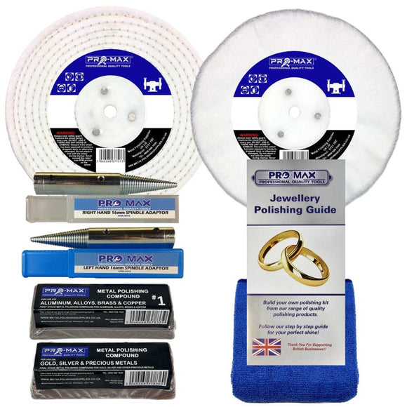 Bench Grinder jewellery polishing kit with white buffing wheels, spindle adapters, polishing compounds, guide and blue cloth