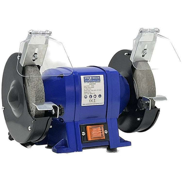Bench Grinder Metal Polisher with a blue metal housing, two grey grinding wheels, clear eye shields and adjustable rests