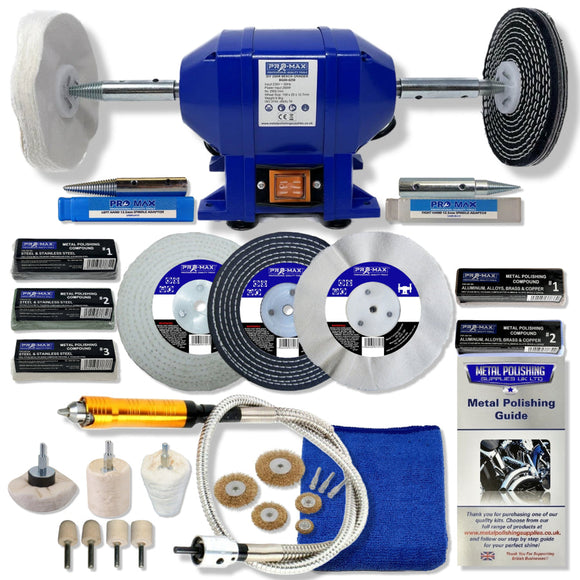 Bench Grinder Metal Polisher with a blue bench grinder, white and black buffing wheels, polishing compounds, accessories and guide