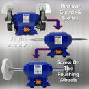 Bench Grinder Metal Polishing kit showing blue bench grinder with adapters and white polishing wheels fitted