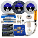 Bench grinder metal polishing kit with white, black and blue buffing wheels, compounds, adapters and flexi-drive shaft