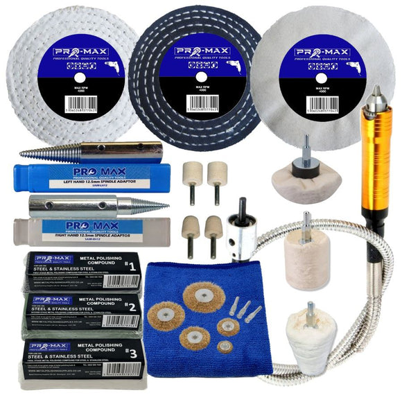 Bench grinder metal polishing kit with white, black and blue buffing wheels, compounds, adapters and flexi-drive shaft