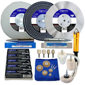 Bench Grinder Metal Polishing Kit with 24-piece wheels, compounds, spindle adaptors, flexi shaft and polishing accessories