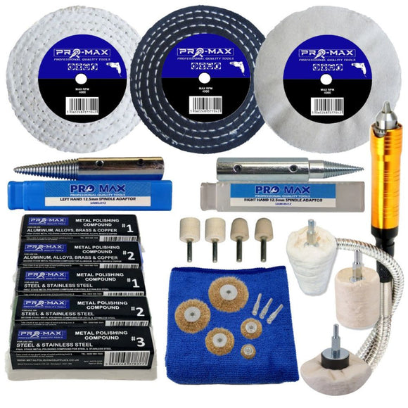 Bench Grinder Metal Polishing Kit with 24 aluminium alloy, brass and steel buffing wheels, compounds and adapters