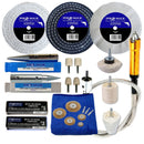Bench Grinder Metal Polishing kit with white, blue and grey buffing wheels, adaptors, compounds and flexi-drive shaft