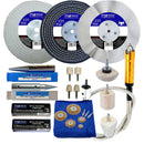 Bench Grinder Metal Polishing Kit with white, black and silver polishing wheels, compounds, adaptors and flexi-drive shaft