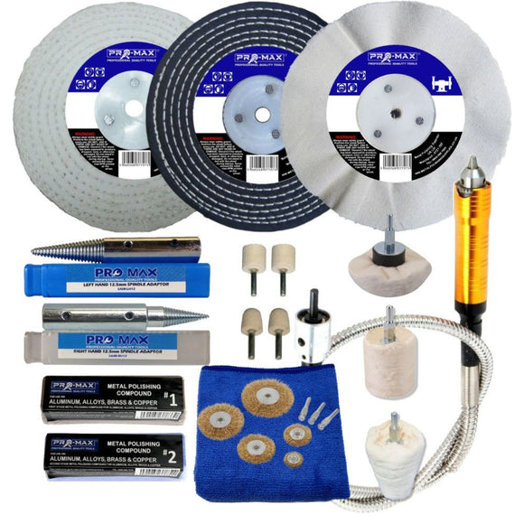 Bench Grinder Metal Polishing Kit with white, black and silver polishing wheels, compounds, adaptors and flexi-drive shaft