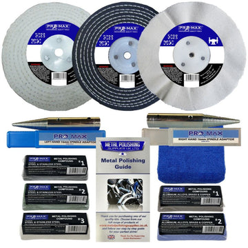 Bench Grinder metal polishing kit with three buffing wheels, spindle adaptors, compounds, cloth and guide