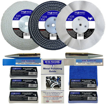 Bench Grinder Metal Polishing Kit with three stitched buffing wheels, spindle adaptors, compounds and polishing guide