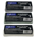 Bench Grinder Metal Polishing Kit showing three Pro-Max compounds for steel and stainless steel in black, green and white