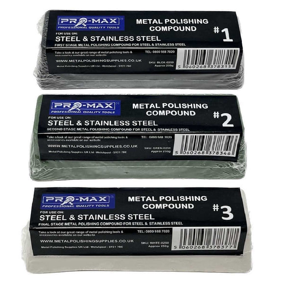 Bench Grinder Metal Polishing Kit showing three Pro-Max compounds for steel and stainless steel in black, green and white