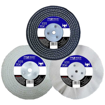 Bench Grinder Metal Polishing Kit with three 6-inch buffing wheels in black, white and silver