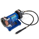 Bench Grinder Mini 3" with a blue metal base, twin abrasive wheels, clear safety shields, and a flexible rotary shaft