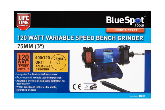 Bench Grinder Mini 3" in blue with silver grinding wheels, flexible shaft and a compact bench-mounted design