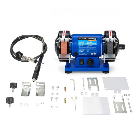 Bench Grinder Mini 3" blue metal bench grinder with twin abrasive wheels, clear safety guards and flexible shaft