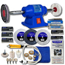 Bench Grinder Polisher 6" in blue with black and white polishing wheels, compounds, flexi shaft and accessories
