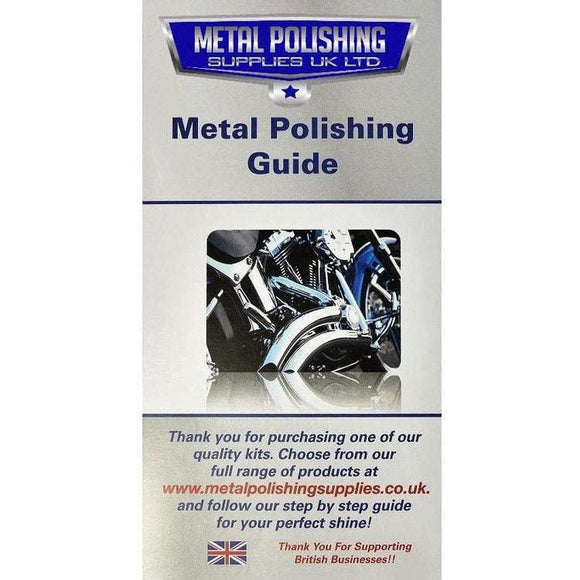 Bench Grinder Polisher 6" metal polishing guide booklet with blue branding, motorcycle photo and Union Jack emblem