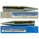 Bench Grinder spindle adaptors, silver metal with threaded shafts and blue Pro-Max storage sleeves