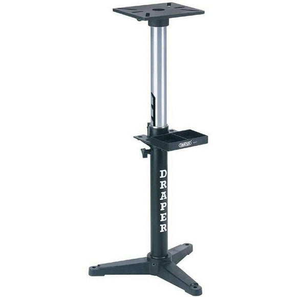 Bench Grinder Stand in black metal with silver adjustable column, mounting platforms and three-legged floor base