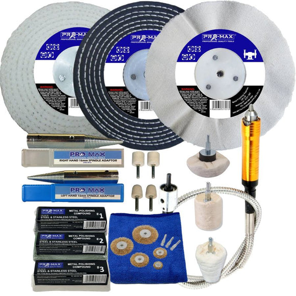 Collection of Pro-Max polishing wheels, buffs, and accessories on a white background