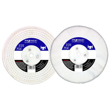 Bench Grinder polishing kit with two white fabric buffing wheels, stitched and loose-leaf designs
