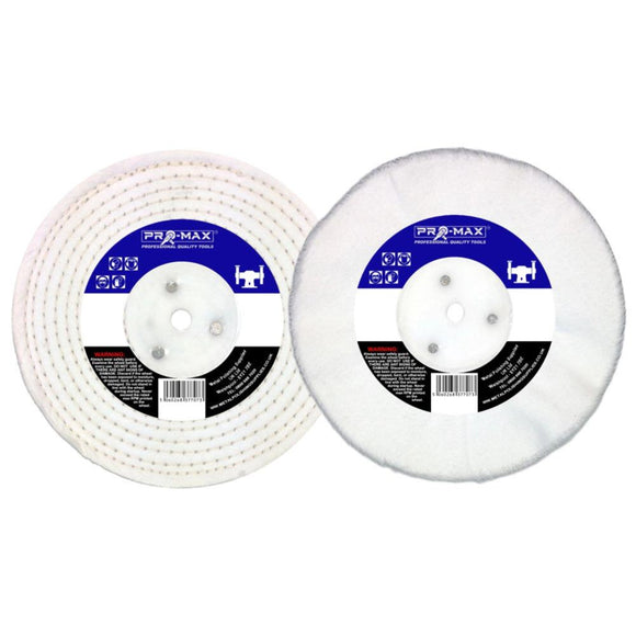 Bench Grinder polishing kit with two white fabric buffing wheels, stitched and loose-leaf designs