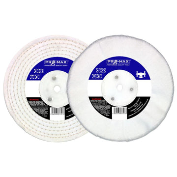 Bench Grinder polishing kit with two white Pro-Max buffing wheels, including stitched and loose-leaf fabric designs