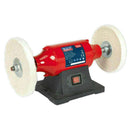 Bench Polisher Sealey red 550W metal polishing machine with two white polishing wheels and cast iron base