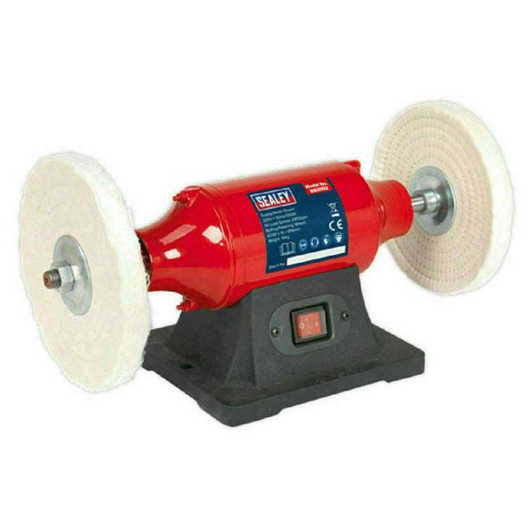 Bench Polisher Sealey red 550W metal polishing machine with two white polishing wheels and cast iron base