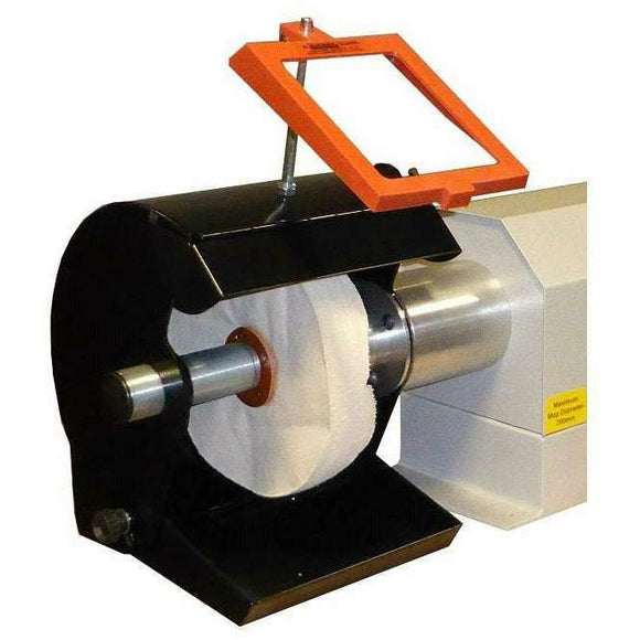 Chamois Industrial Bench Top Polisher with silver motor, white polishing mop, black guards and orange eye shield