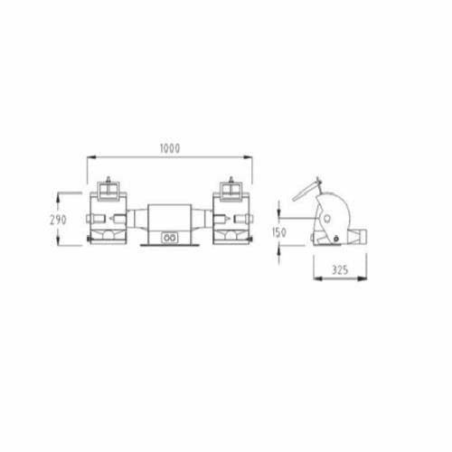 Chamois Industrial Bench Top Polisher technical line drawing showing double-ended motor, twin polishing spindles and dimensions