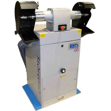 Chamois Industrial Pedestal Polisher in grey metal with twin black polishing guards and integrated extraction cabinet