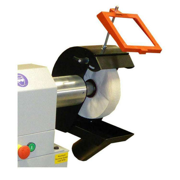Chamois Industrial Pedestal Polisher with orange eye shield, black guards, silver spindle and white polishing mop