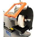 Chamois Industrial Pedestal Polisher with orange safety guard, black mop guard and white polishing wheel