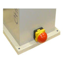 Chamois Industrial Pedestal Polisher with a beige metal base and prominent red emergency mushroom stop button